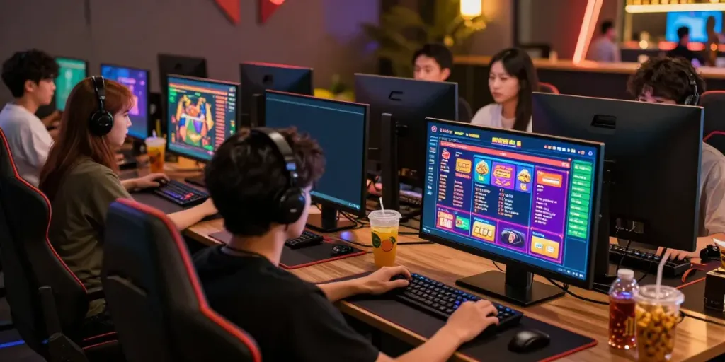 9bet players enjoying diverse online gaming experiences in a vibrant setup.