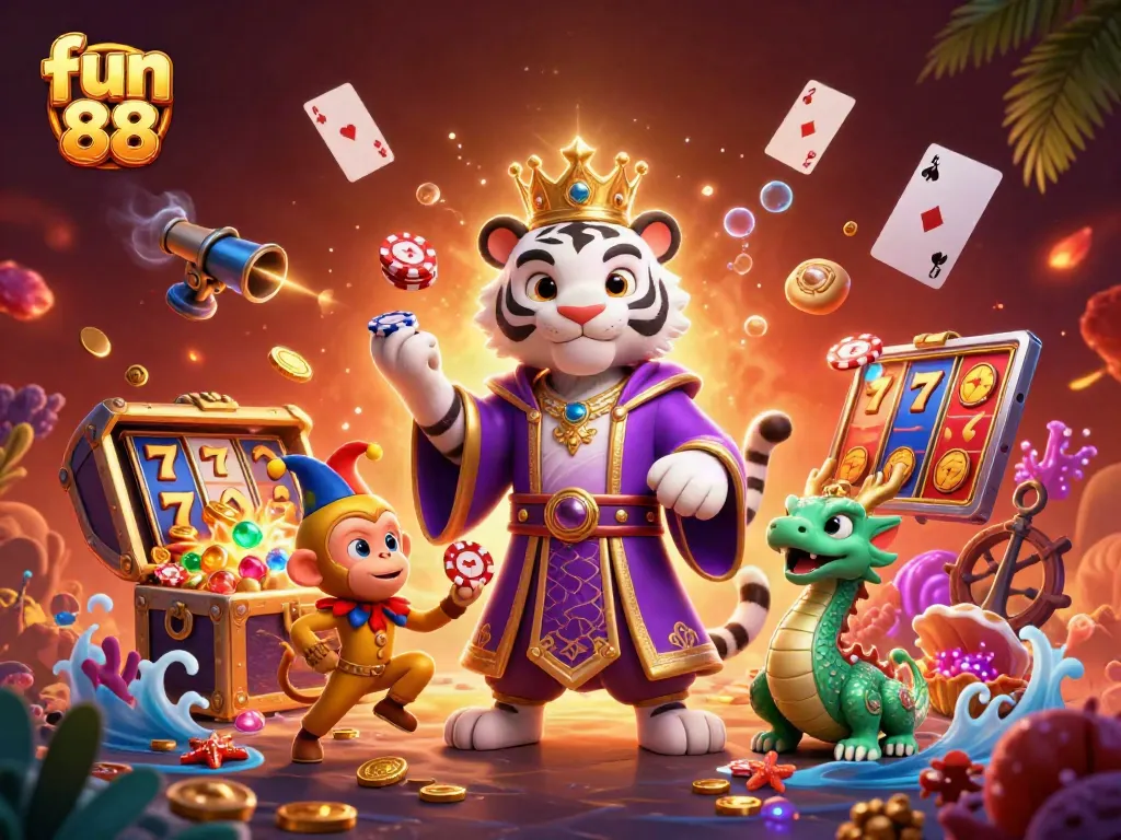 Fun 88 energizes players with thrilling casino adventures in a dynamic 3D illustration.