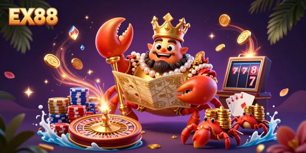 Spin to win at EX88 with our vibrant casino scene featuring royal crab and golden treasures.