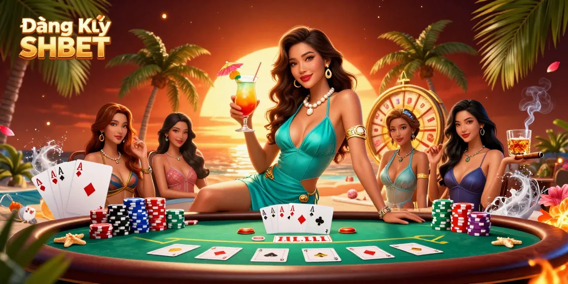 Engage in Đăng Ký SHBET by playing poker with a glamorous Asian dealer amidst casino elements.
