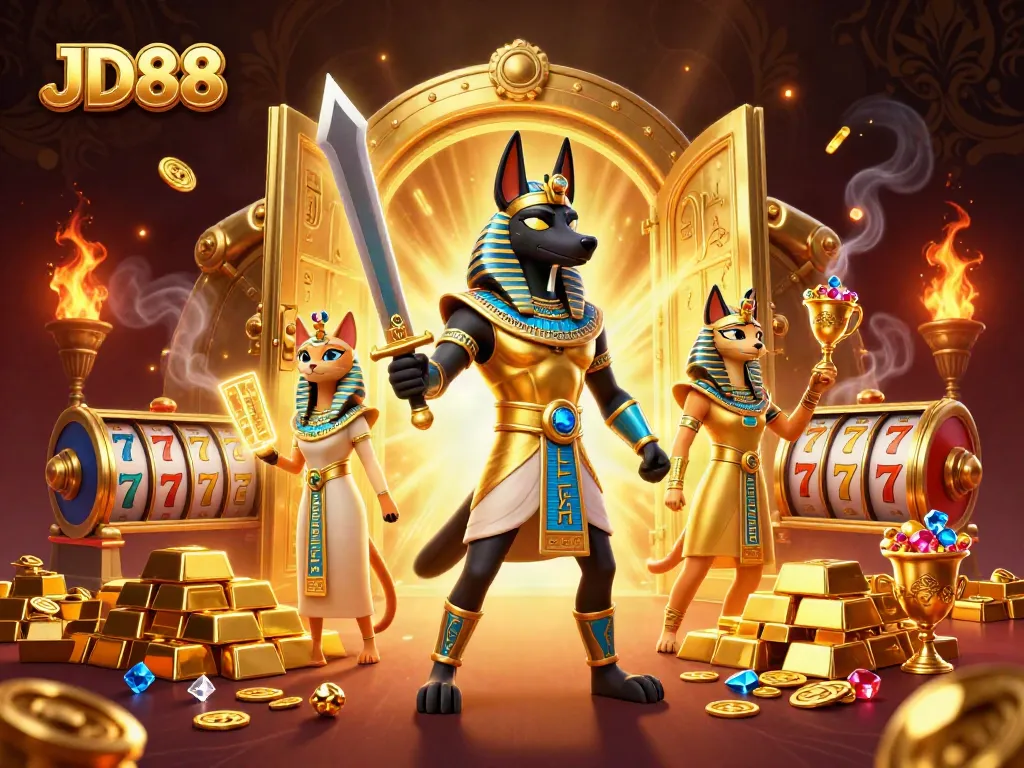 JD88 unleashes a thrilling casino adventure featuring Anubis and Bastet amidst treasures and gold.