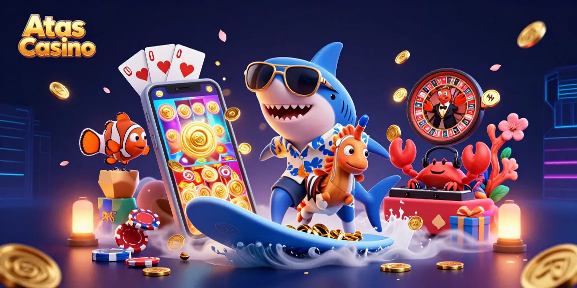 Atas Casino offers an engaging gaming experience with a lively underwater scene showing a shark, clownfish, and crab amidst vibrant casino elements.