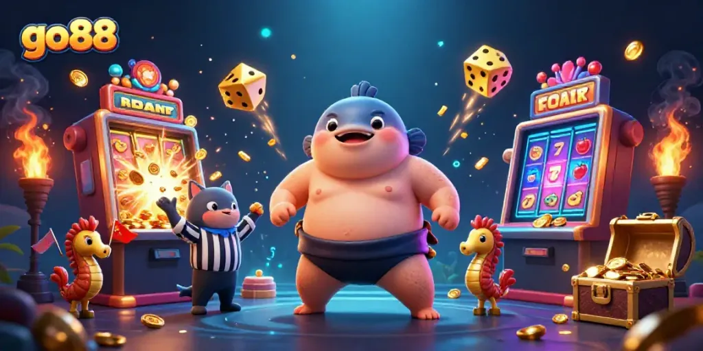 Experience thrilling fun with go88's vibrant underwater casino scene featuring a playful fugu amidst a jackpot explosion.