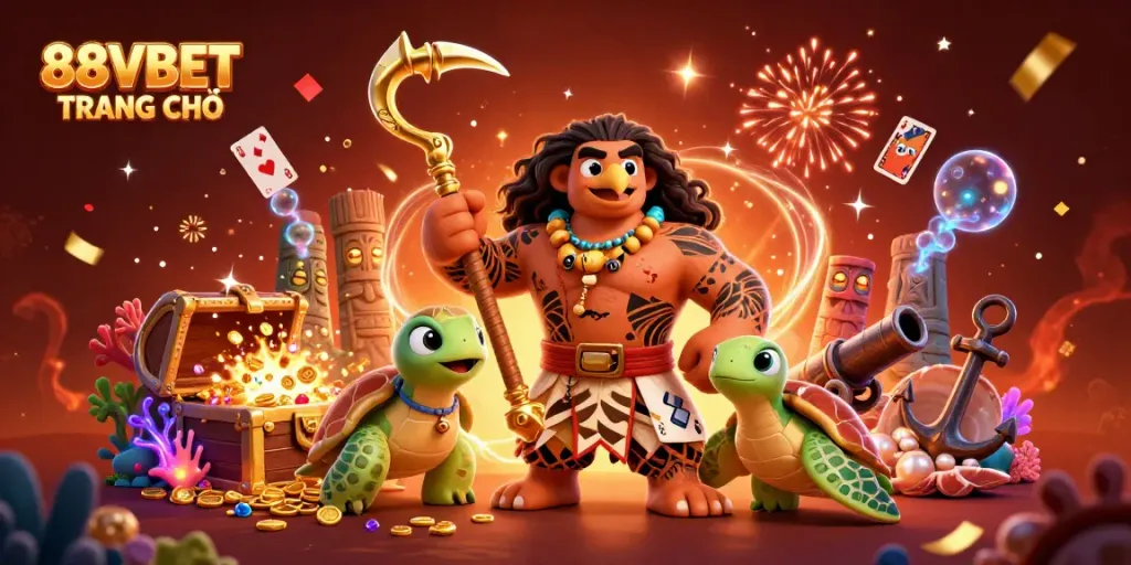 Engage with 88VBET TRANG CHỦ through a vibrant 3D illustration showcasing a demigod hawk and a turtle, surrounded by casino elements.