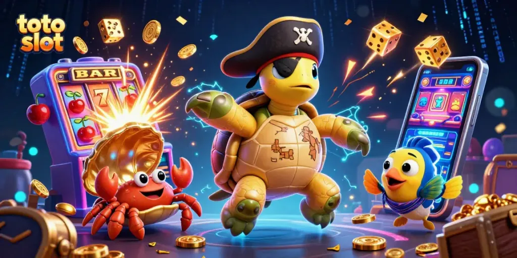 Engage with the thrilling toto slot as coins explode from a vibrant jackpot amid animated characters.
