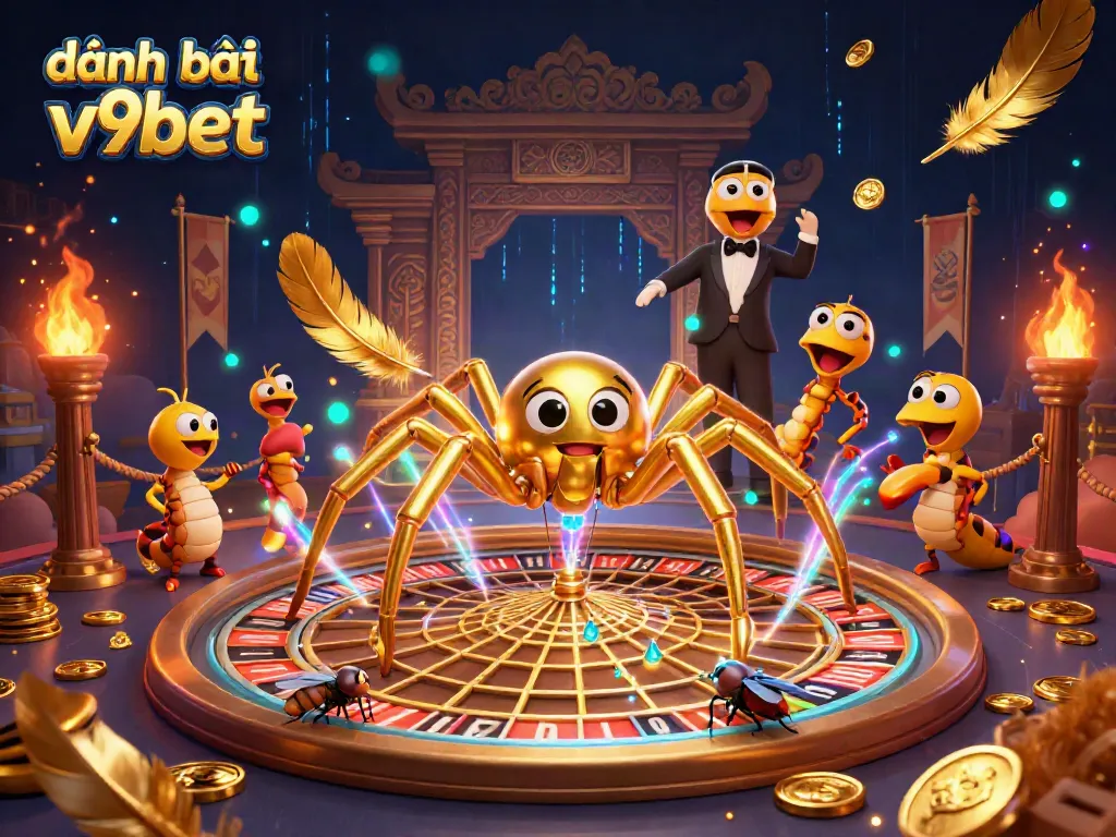 Engage in thrilling đánh bài online v9bet as you see a golden spider and a centipede croupier in a vibrant casino scene.