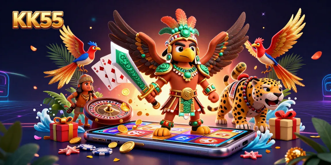 Exciting KK55 gaming scene featuring vibrant characters amidst slot games and casino elements.