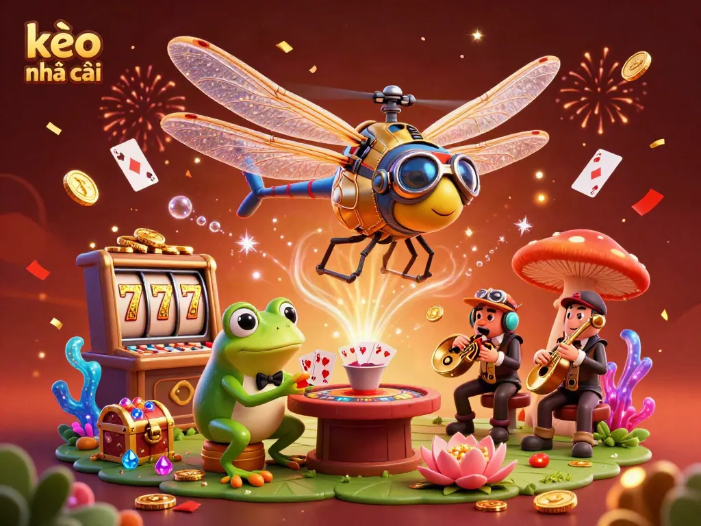 Engage with kèo nhà cái through a vibrant casino scene featuring a dragonfly pilot, a frog croupier, and musical crickets.