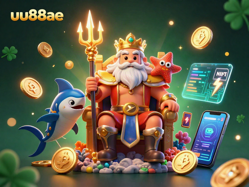 Experience thrilling gaming with uu88ae's vibrant 3D illustration showcasing Neptune and crypto elements.