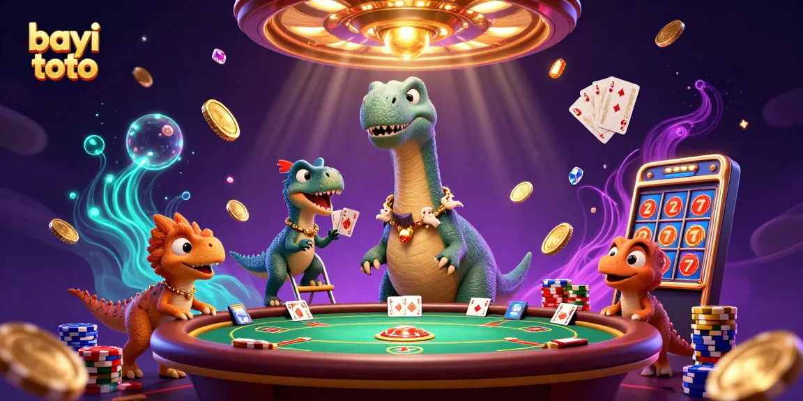 Experience thrilling gameplay with bayi toto as a giant brontosaurus oversees a poker game, while a clever raptor deals cards.