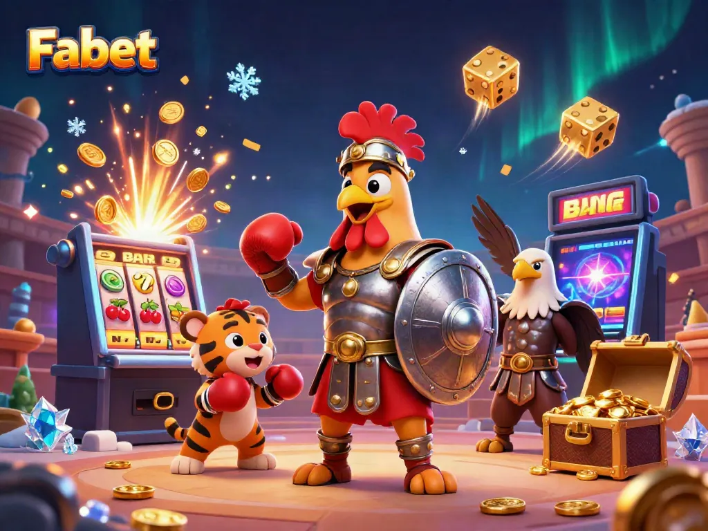 Fabet's immersive gaming experience with a rooster gladiator and tiger in a colorful casino scene