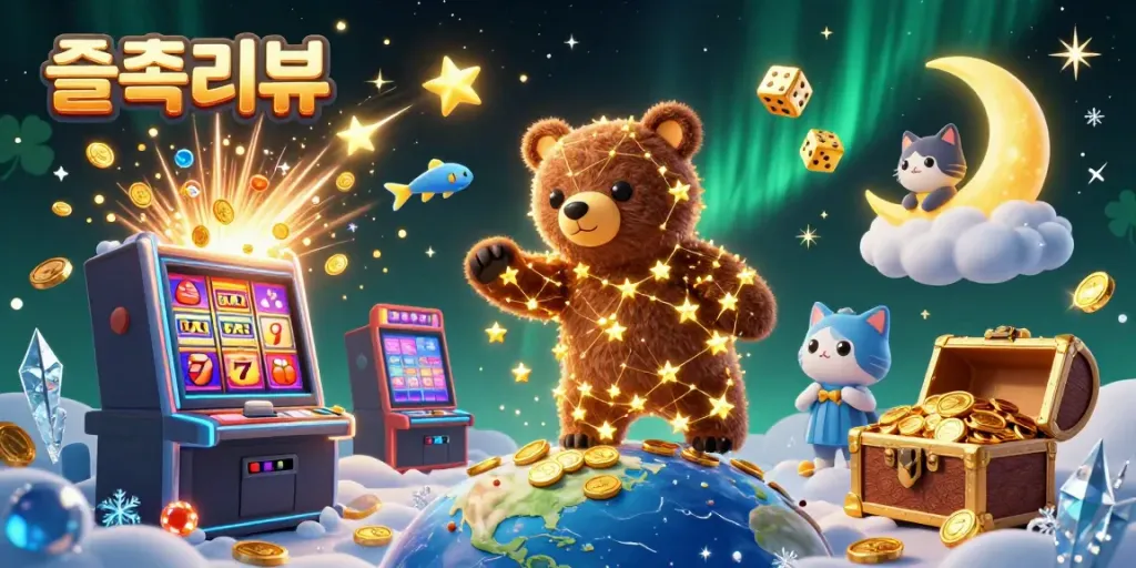 Engaging illustration showcasing 슬롯리뷰 with a constellation bear and vibrant slot symbols, creating a casino atmosphere.