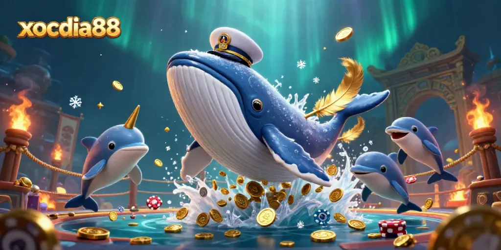 Experience the excitement of xocdia88 with a vibrant scene featuring a whimsical whale, narwhal, and dolphins in an immersive casino landscape.