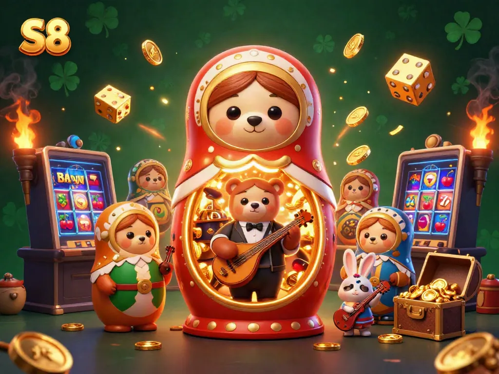 S8 showcases thrilling gameplay with a jackpot explosion and colorful casino elements featuring a Matryoshka bear scene.