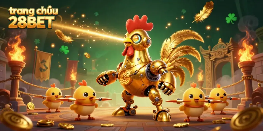 Engage with the thrilling action at trang chủ 28BET featuring a futuristic golden rooster robot and baby chick drones.