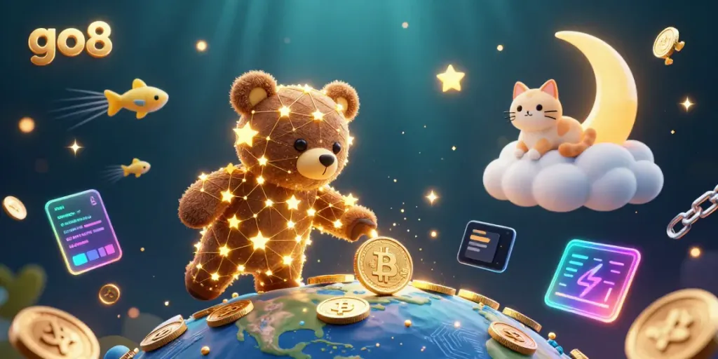 Engage with go8’s vibrant casino experience as the constellation bear scoops coins amidst cryptocurrency elements.