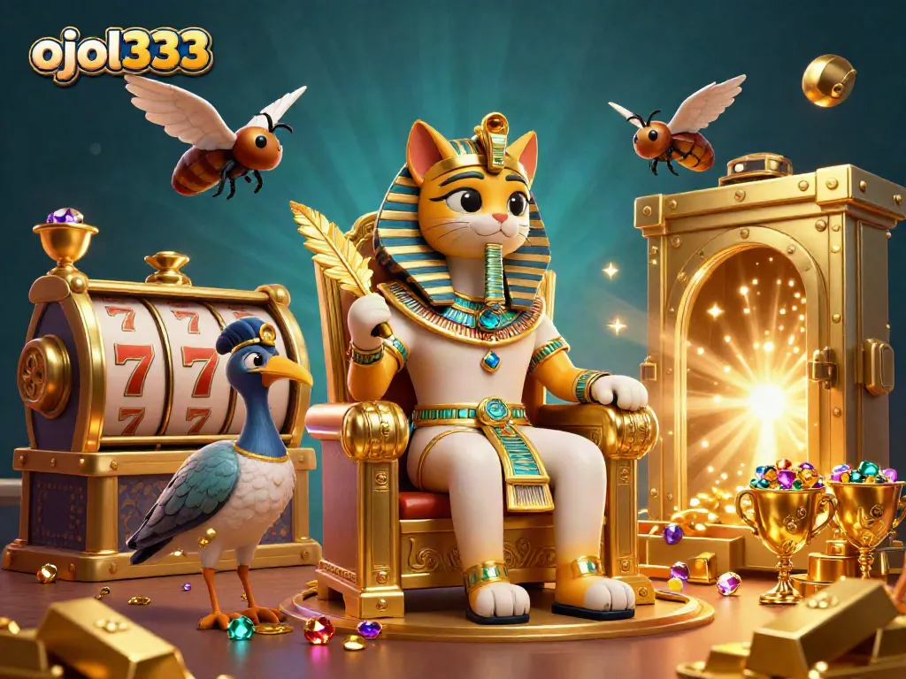 Engage in the vibrant gaming atmosphere of ojol333 with a pharaoh cat and treasure in a rich casino scene.