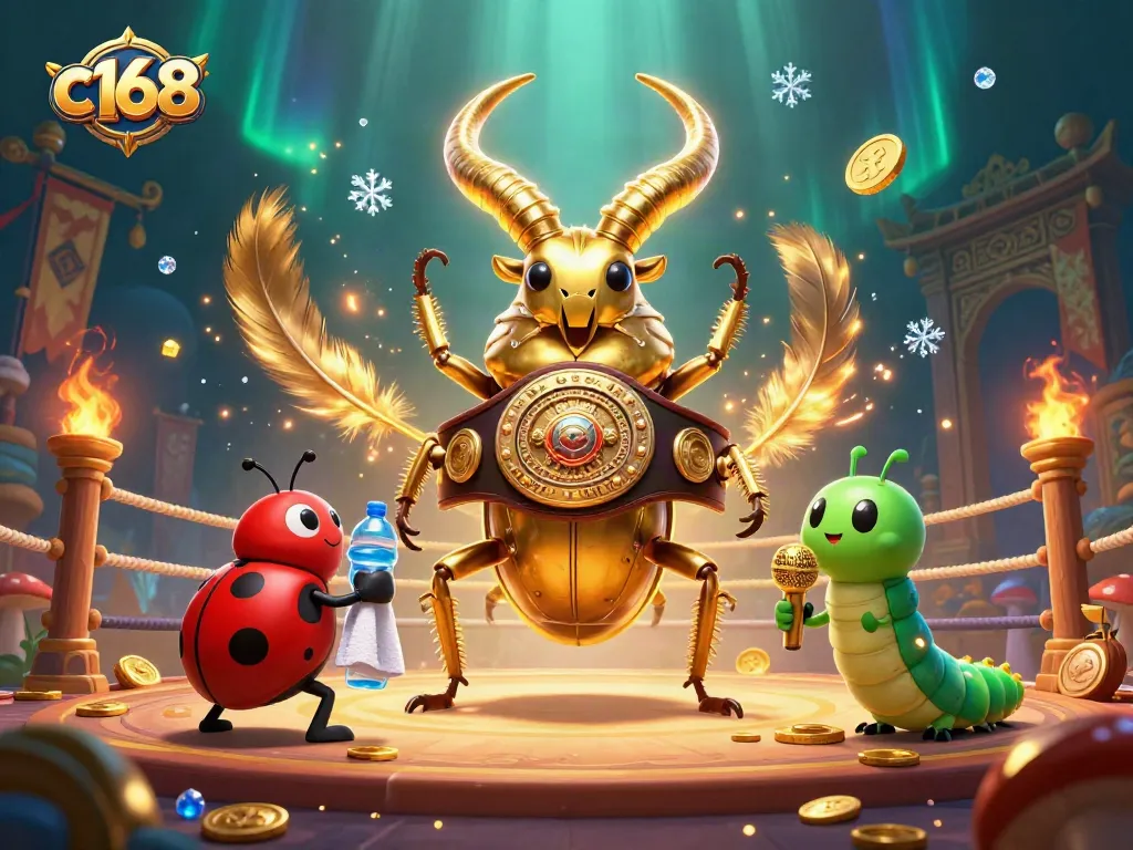Experience thrilling c168 action in a vibrant tournament with friendly insect champions in a casino-themed arena.