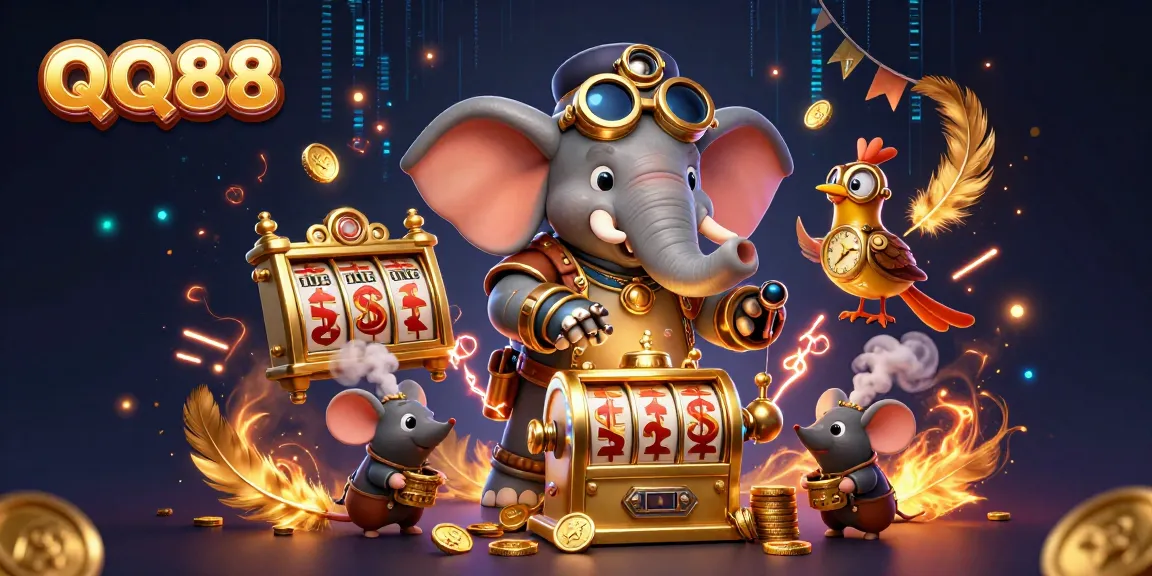 Experience the dynamic fun of QQ88 with a steampunk-themed casino scene featuring a golden slot machine.