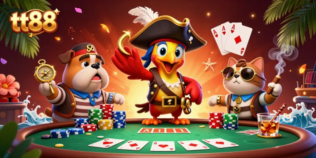 Engage in thrilling poker with tt88's vibrant scene featuring characters immersed in the game.