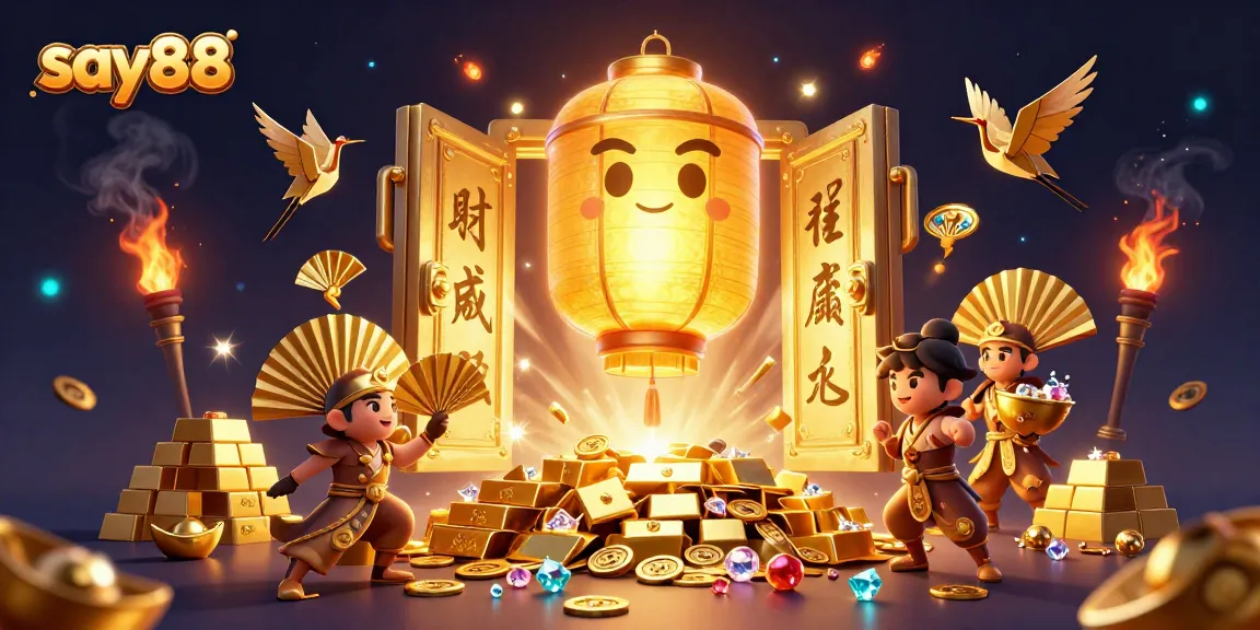 Experience the thrill of say88 with magical casino elements and golden treasures in this vibrant illustration.