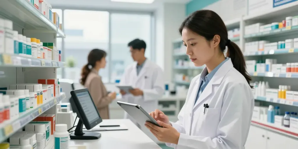 Semi controlled medicines UAE lookup by pharmacist in a modern pharmacy.