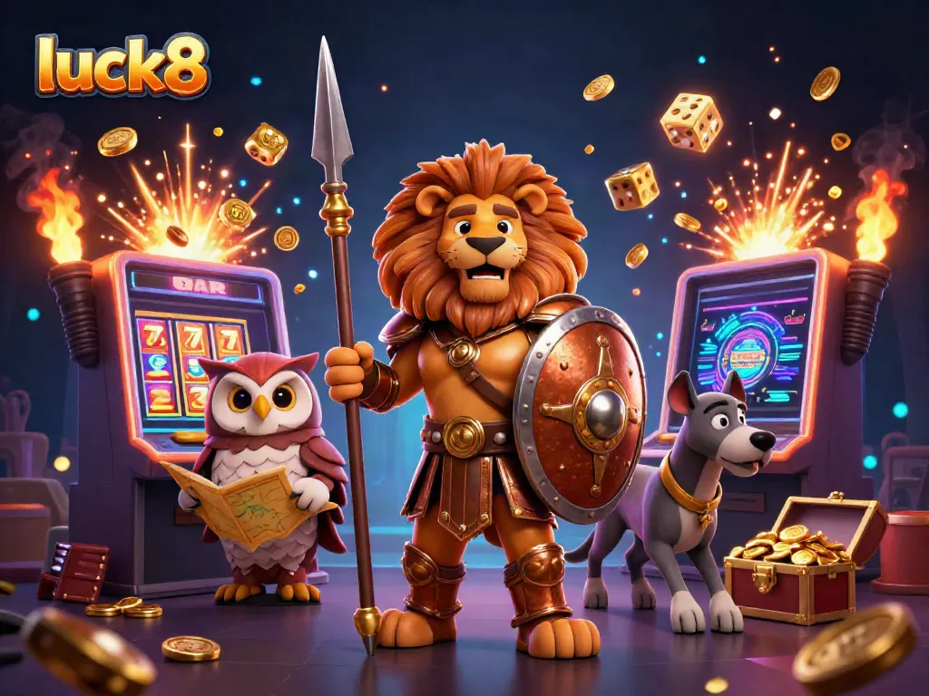 Experience the excitement of luck8 at this vibrant casino scene with a heroic lion and interactive gaming elements.