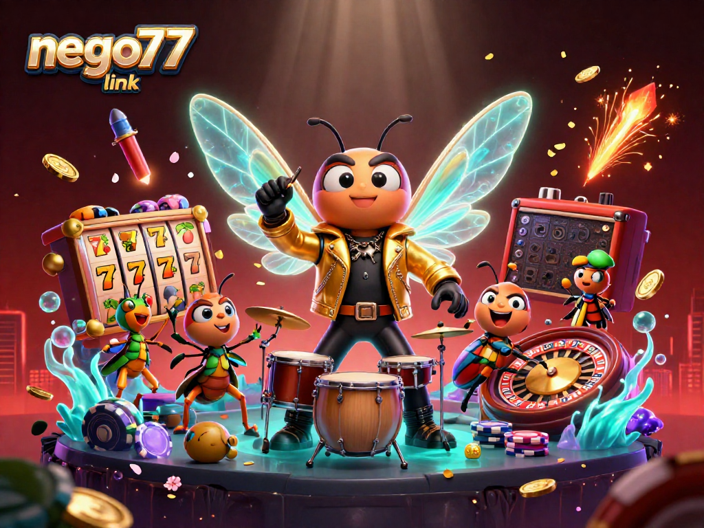 Engage with the exciting nego77 link casino adventure featuring a buzzing cicada rock star and classic game elements.