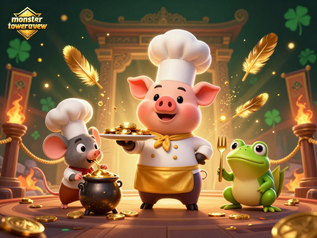 Experience intense gameplay with monstertowerreview, showcasing a whimsical casino scene featuring vibrant characters and golden treasures.