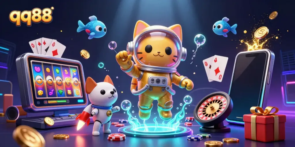 Experience thrilling gameplay at qq88 with a vibrant casino-themed illustration showcasing a floating astronaut cat and dynamic gaming elements.