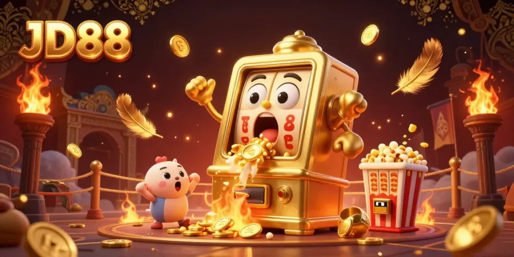 Experience the excitement of JD88 as the animated slot machine hits a jackpot, surrounded by cheering mini machines and casino elements.