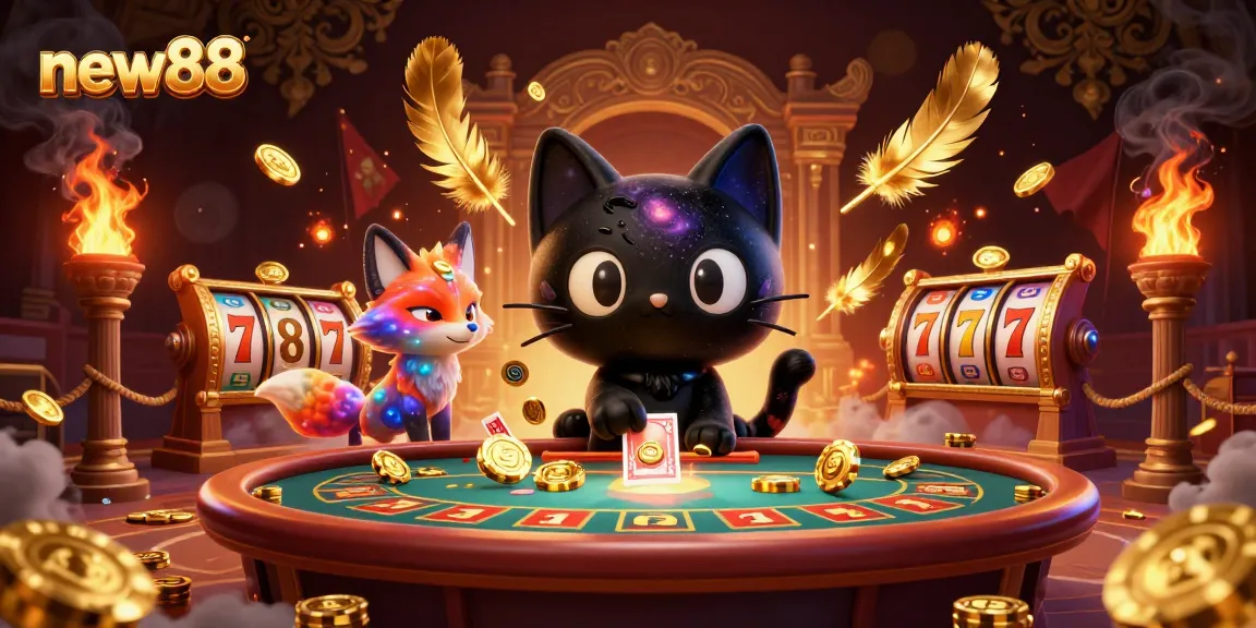 Engage with thrilling gameplay at new88, with a cosmic casino scene featuring dynamic characters and vibrant gambling elements.