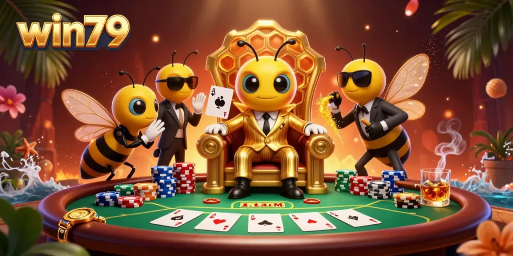 Win79 showcases a lively 3D casino scene featuring a bumblebee mob boss and poker elements.