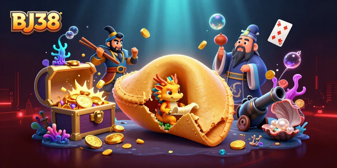 BJ38 captivates players with a vibrant 3D scene featuring golden fortune cookie and dragon, enriched with colorful gems and floating cards.