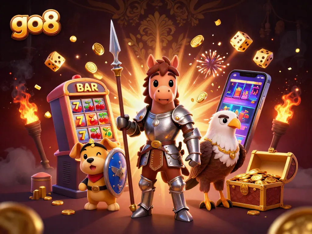 Spin slots and win with go8's exhilarating online gaming adventure, featuring vibrant 3D characters.