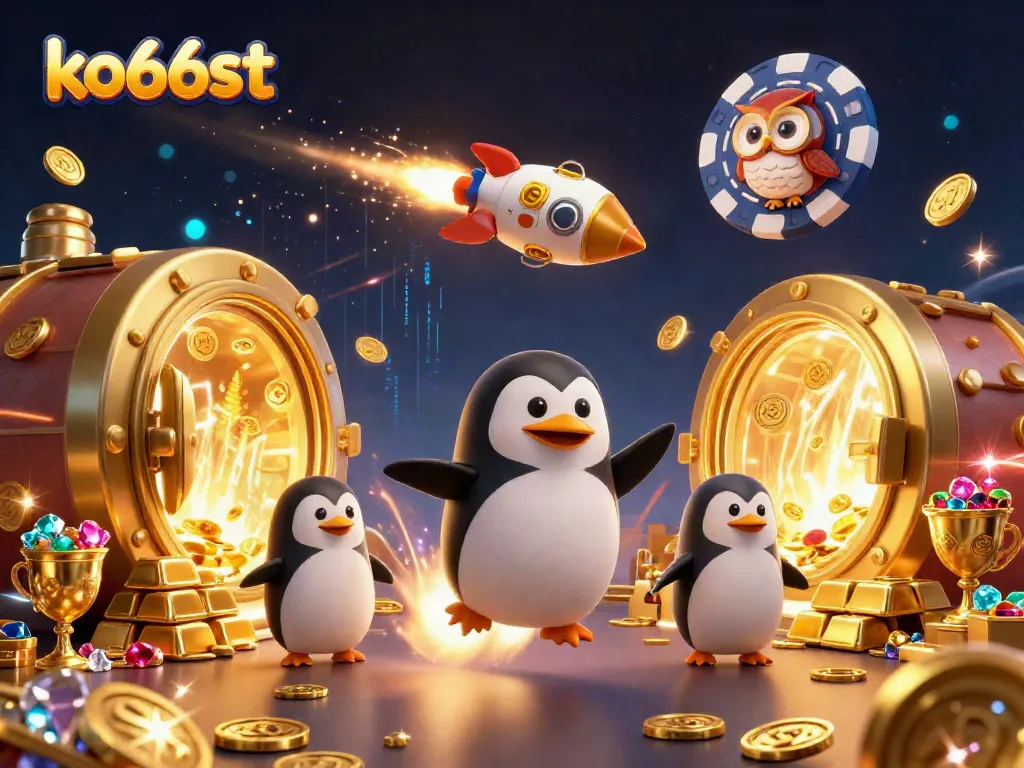 Engage with ko66st's thrilling casino universe through a dynamic 3D illustration featuring a rocket-powered penguin in space.