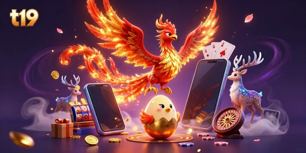 Engaging scene featuring t19's fire phoenix soaring with gaming elements like slot reels and golden coins.