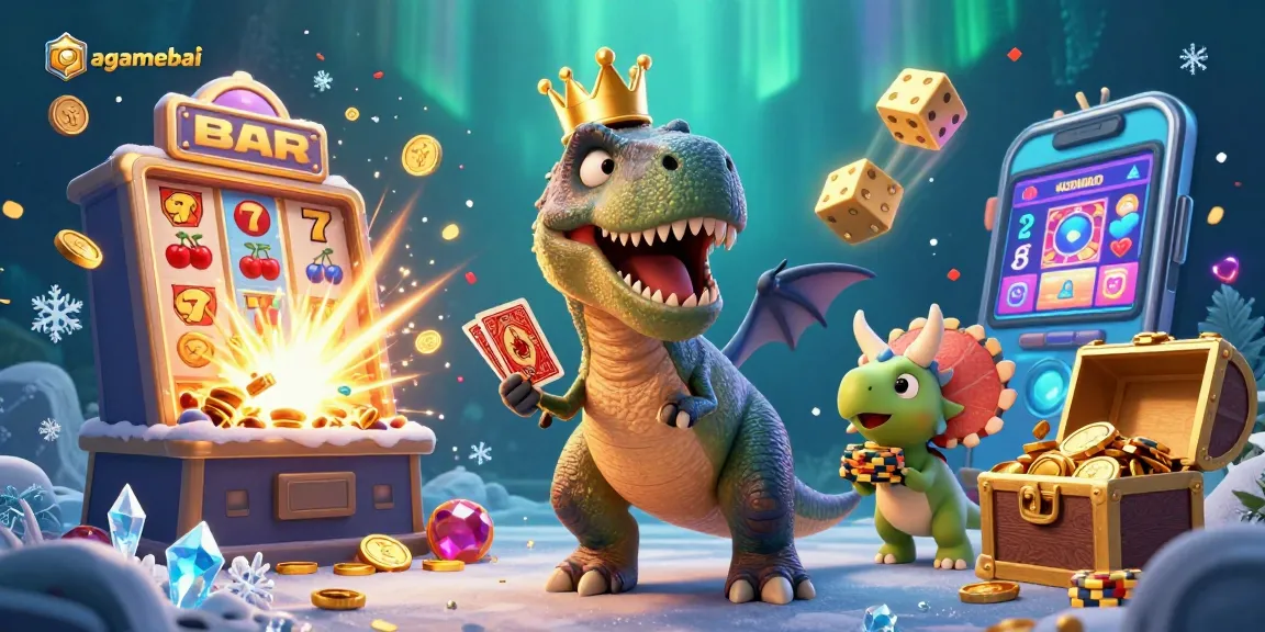 Engage in thrilling gameplay with agamebai, where a T-Rex shuffles cards amid a vibrant casino scene.