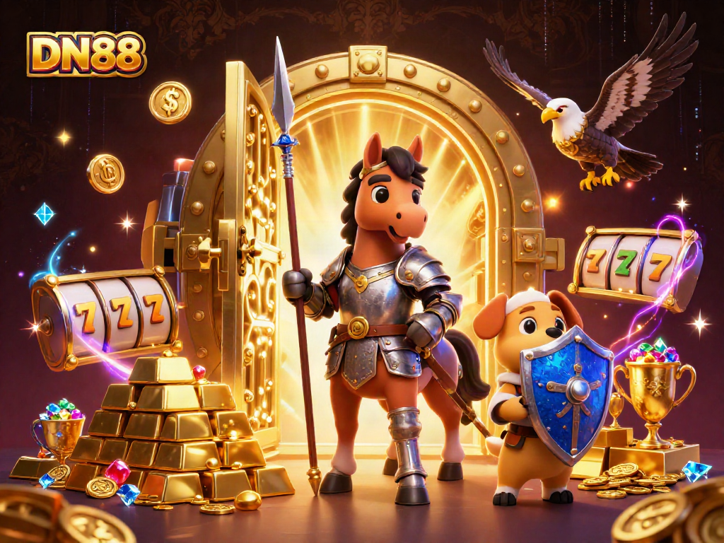 Experience thrilling moments with DN88 in a vibrant casino scene filled with gold and excitement.