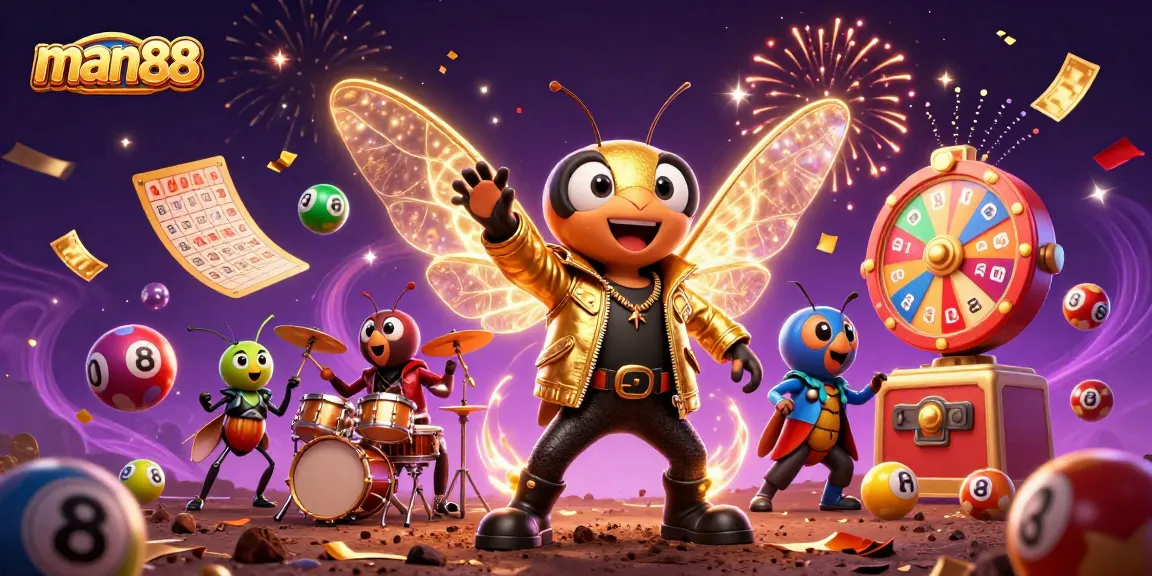 Engage with man88's vibrant casino themes featuring a rock star cicada and interactive game elements.