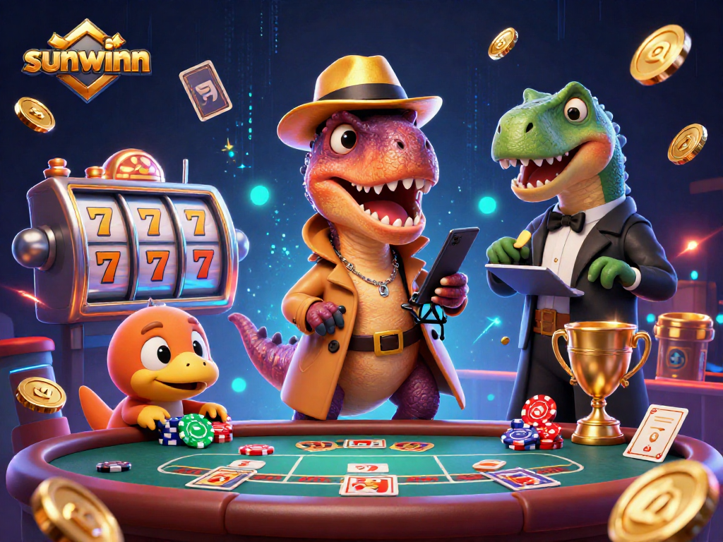 Win big with sunwinn as a velociraptor card counter schemes at a bustling casino table.