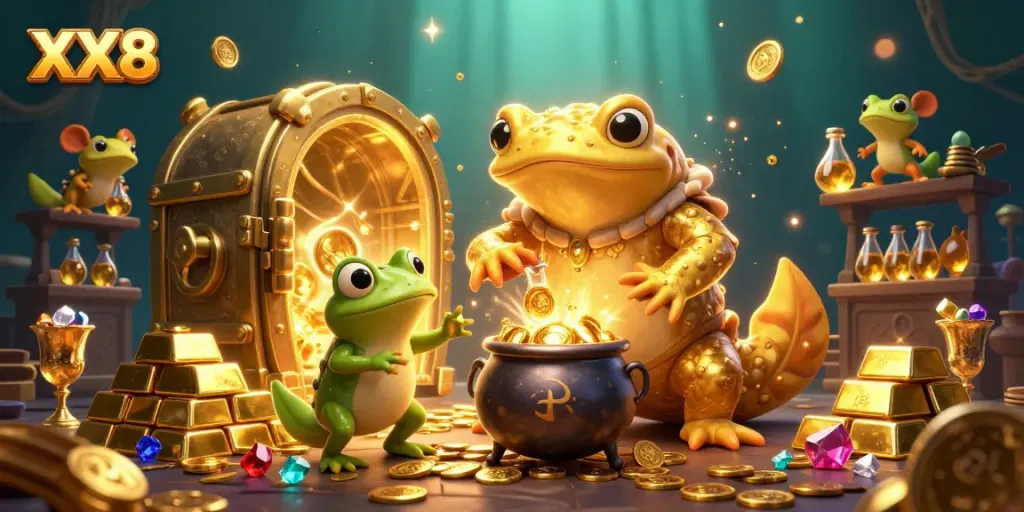 Engage in the vibrant, enchanting world of XX8 casino with a dynamic illustration of alchemists transforming gold.