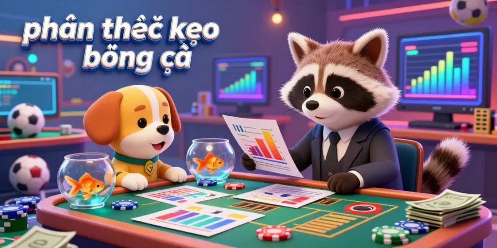 Experience the excitement of phân tích kèo bóng đá with a sophisticated dog gambler assessing sports bets in a vibrant casino scene.