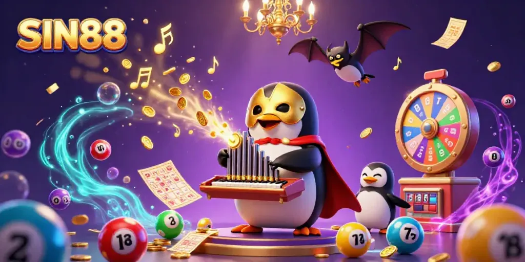 SIN88 showcases a vibrant casino-themed scene filled with dynamic lottery elements, festive characters, and dazzling effects.