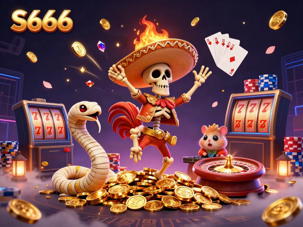 S666 themed illustration featuring a mariachi rooster and other characters celebrating on a pile of coins in a vibrant casino environment.