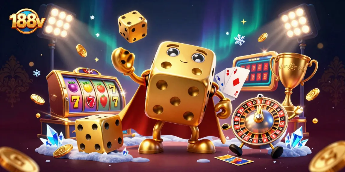 Engage with the vibrant game atmosphere of 188v, witnessing gold dice and shining slot elements in a dynamic casino scene.