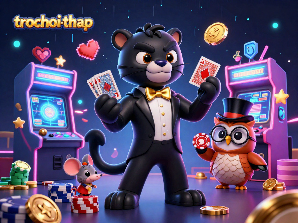 Engage with the trochoi-thap online game as a stylish panther deals cards surrounded by vibrant arcade elements.