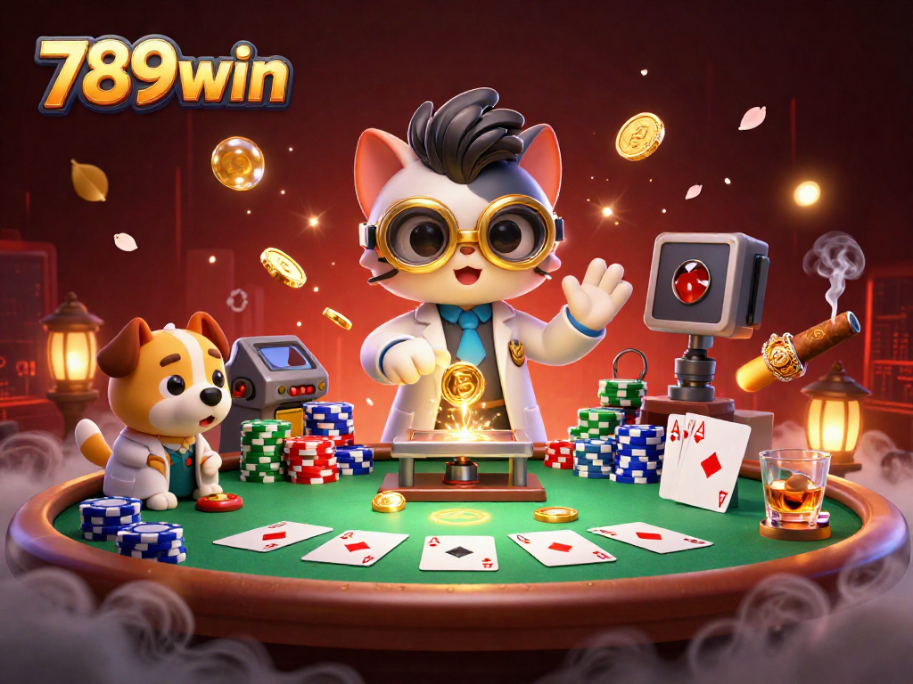 Engage in thrilling gameplay at 789win with a dynamic scene of a mad scientist and assistant amidst poker action.