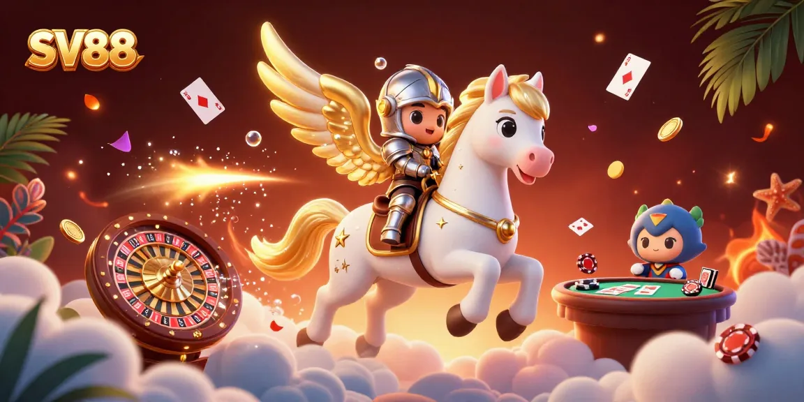 Join the excitement of SV88 with a celestial horse and knight amid dynamic casino games.