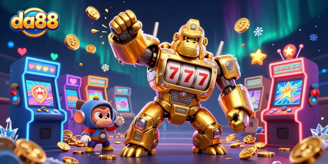 Engage with da88's gaming world featuring a golden gorilla mech and spinning slot reels.